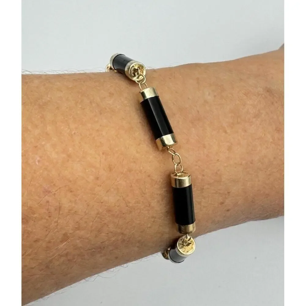 Heng Ngai HN 14k Gold‎ Onyx Cylinder Link Box Clasp Bracelet Estate Jewelry